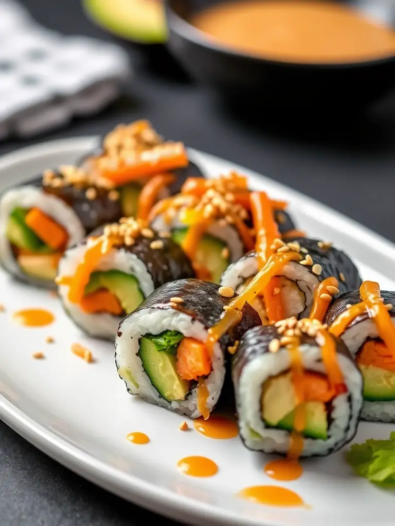 A colorful and appetizing plate of vegan sushi rolls, featuring avocado, cucumber, carrot, and bell pepper, drizzled with a sesame ginger sauce.