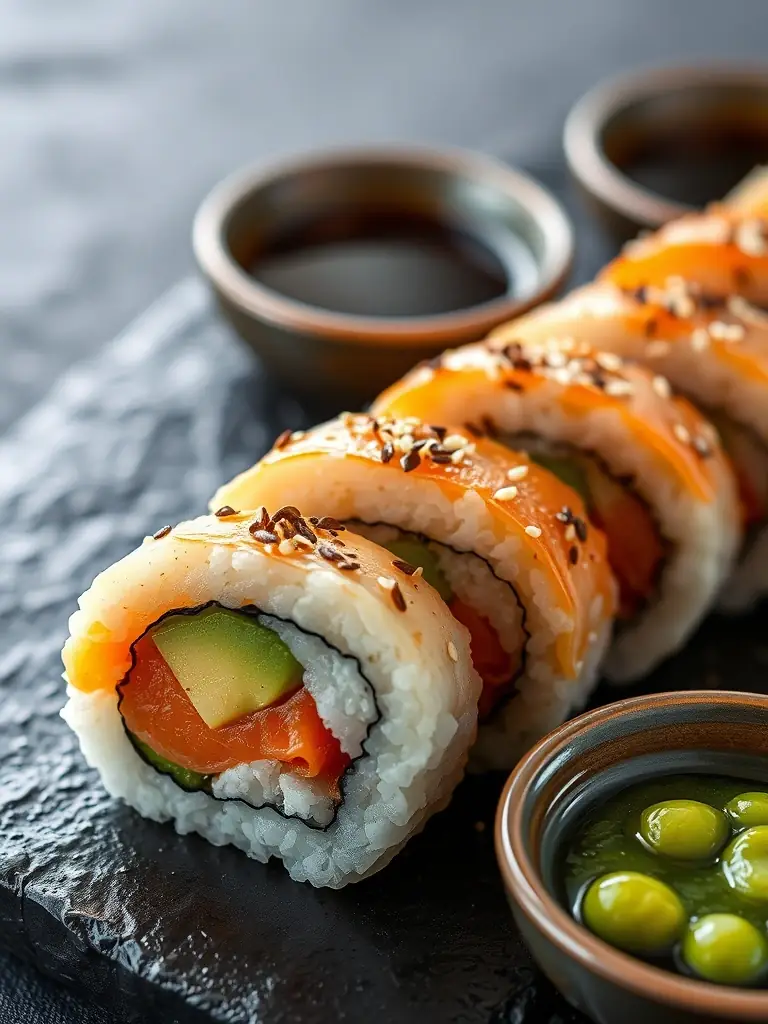 Image of a Philadelphia roll with cream cheese, smoked salmon, and avocado, garnished with sesame seeds and served with soy sauce and wasabi.