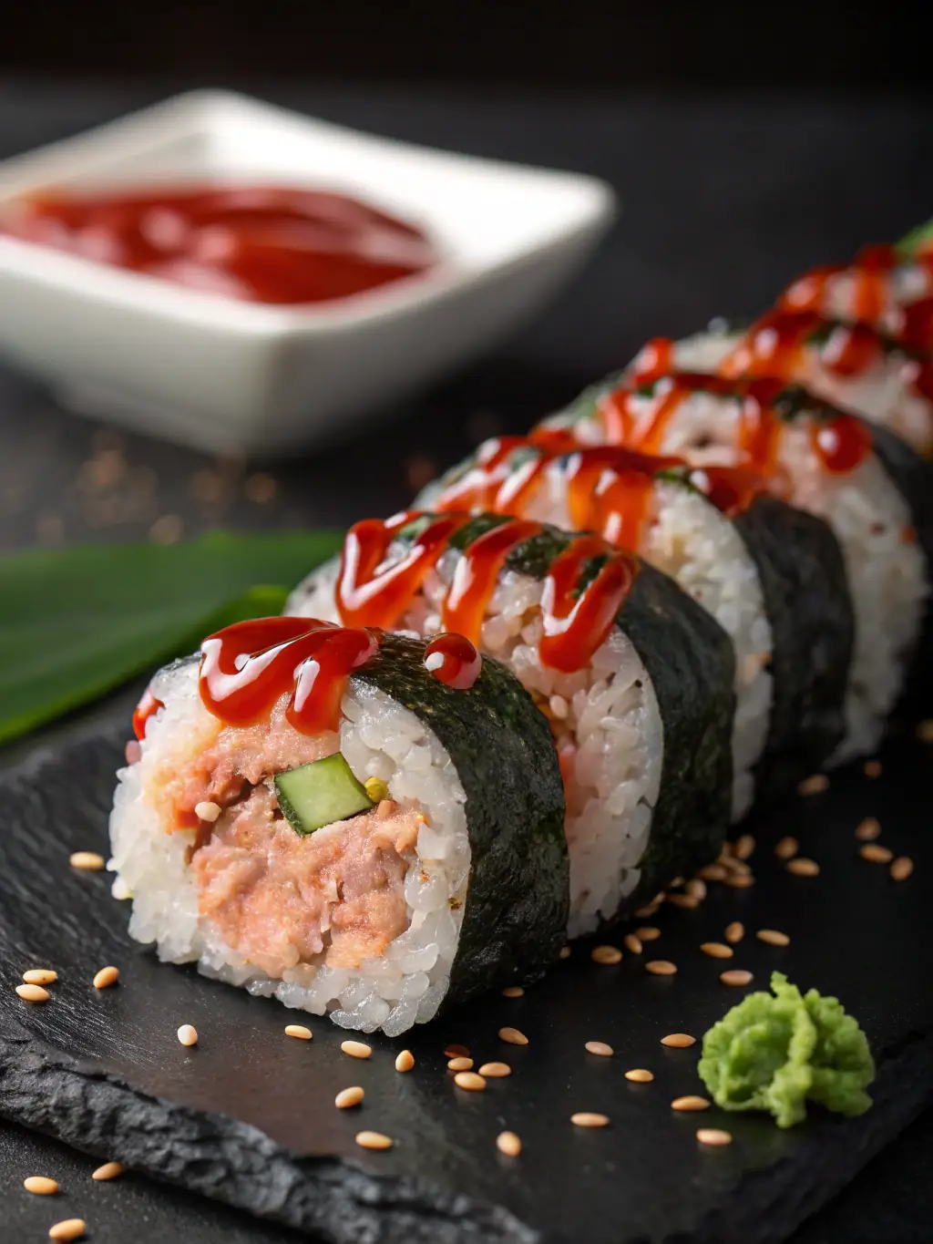 Close-up shot of a vibrant and colorful Dragon Roll, showcasing the avocado, eel, and tobiko toppings, served on a black ceramic plate.