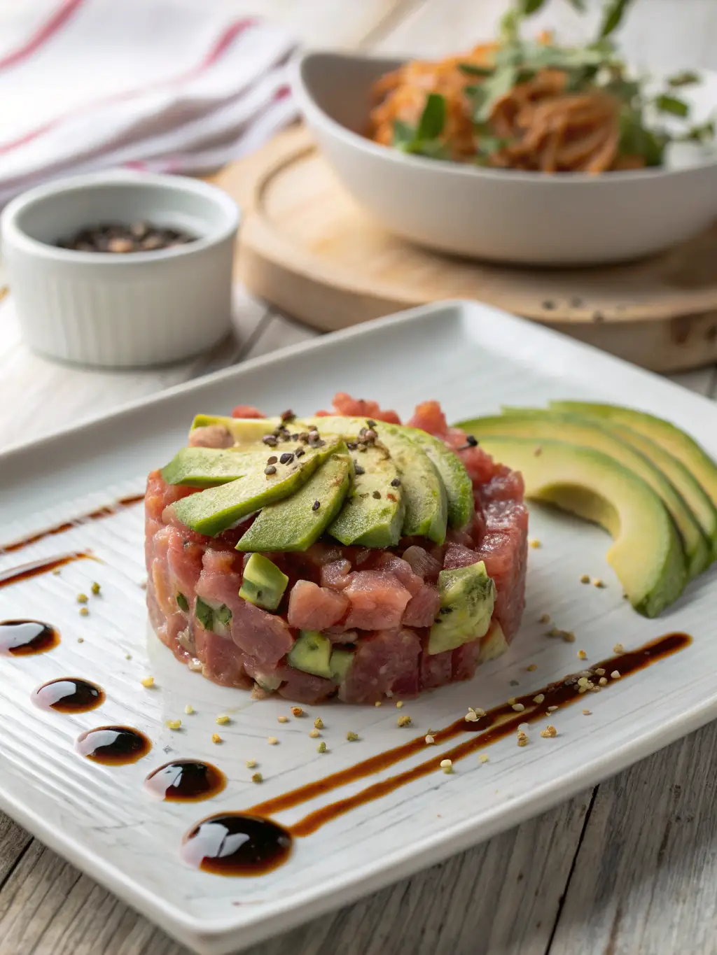 A selection of fresh sashimi, including tuna, salmon, and yellowtail, artfully arranged on a bed of shaved ice with seaweed garnish.