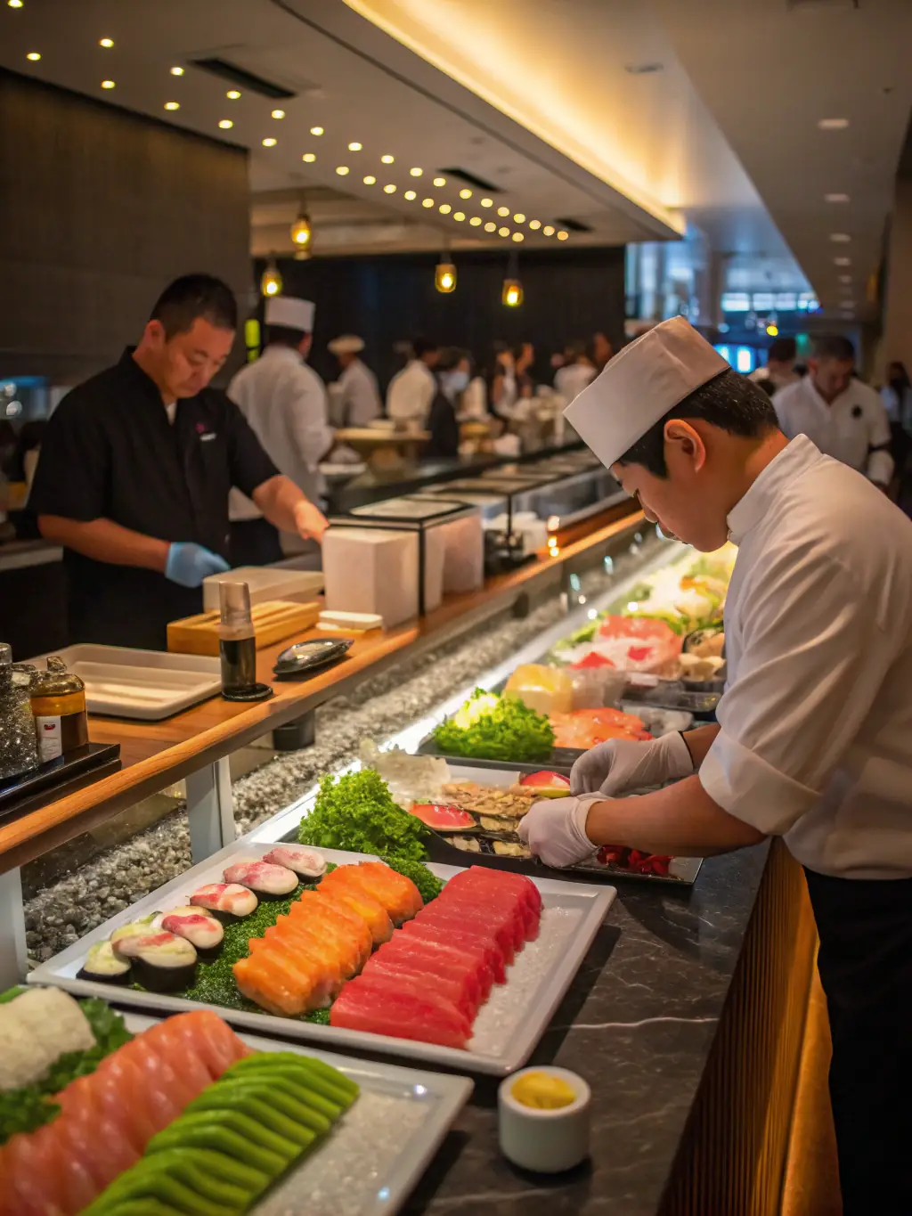 Close-up shot of a chef's hands carefully preparing a piece of nigiri sushi (rice topped with a slice of fish), showcasing the precision and artistry involved in sushi making, suitable for Yoko Sushi's menu.